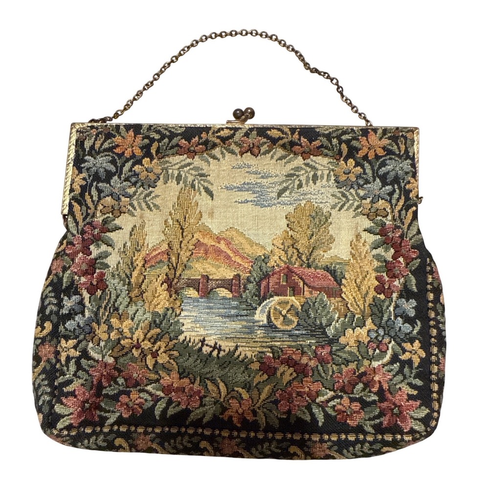 Vintage Made in France Tapestry Handbag Floral Pastoral Scene Kiss Lock‎ Purse